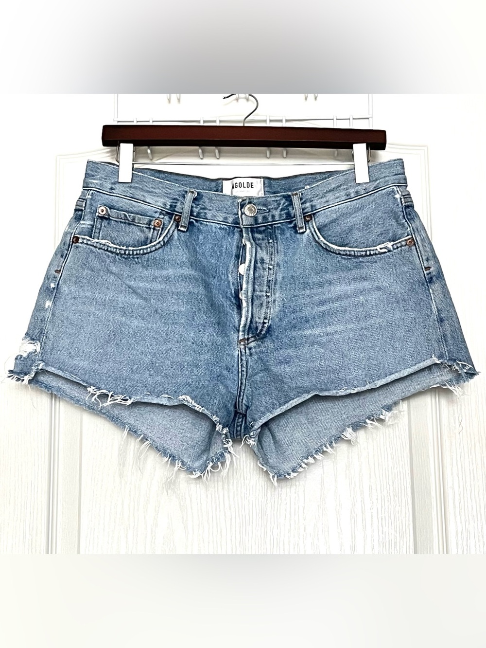 AGOLDE Parker High Rise Cut Off Denim Shorts Riptide Cotton Size 28 Festival